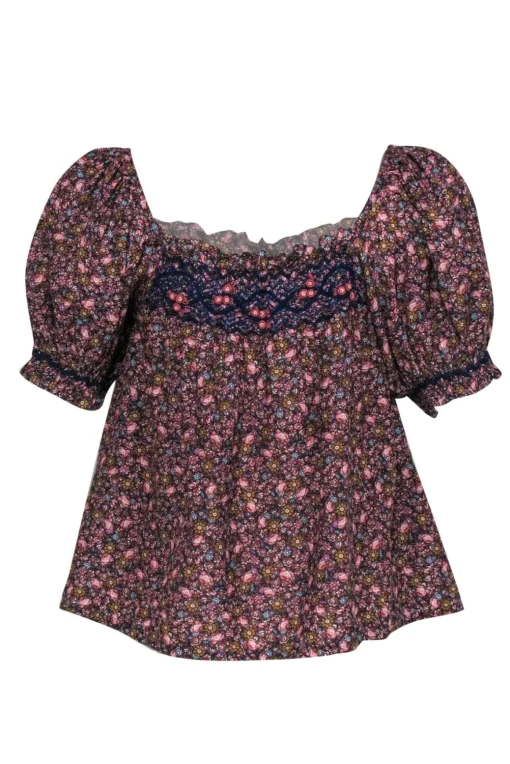 Doen - Multicolor Floral Print Embroidered Puff Sleeve Blouse Sz XS