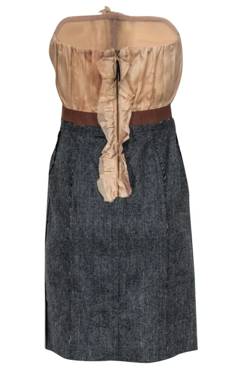 Dolce & Gabbana - Beige & Grey Strapless Ruffle Wine Print Sheath Dress Sz 4