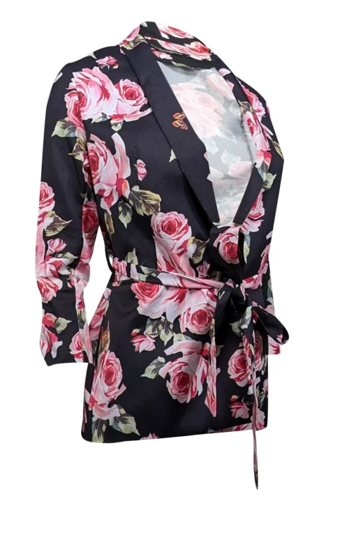 Dolce & Gabbana - Black & Pink Rose Print Waist Tie Blazer Sz S