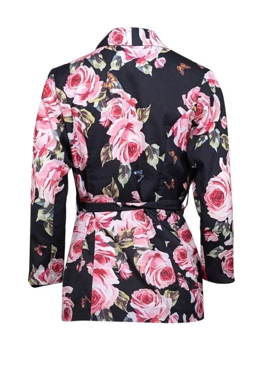 Dolce & Gabbana - Black & Pink Rose Print Waist Tie Blazer Sz S