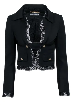 Dolce & Gabbana - Black Cropped Blazer w/ Lace Trim & Double Breasted Buttons Sz 2