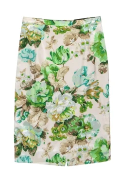 Dolce & Gabbana - Cream & Green Floral Print Satin Pencil Skirt Sz 2