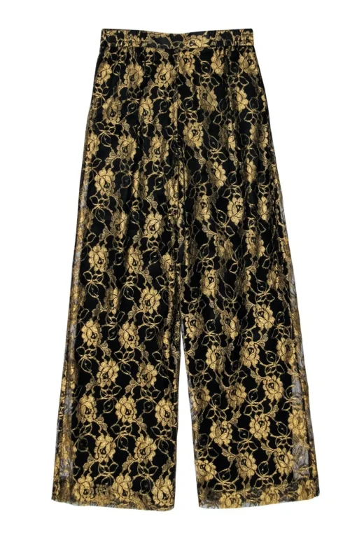 Doncaster - Black & Gold Floral Lace Wide Leg Trousers Sz 8