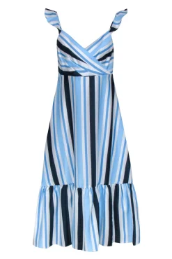 Draper James - White, Blue & Navy Stripe Ruffle Shoulder Dress Sz 4