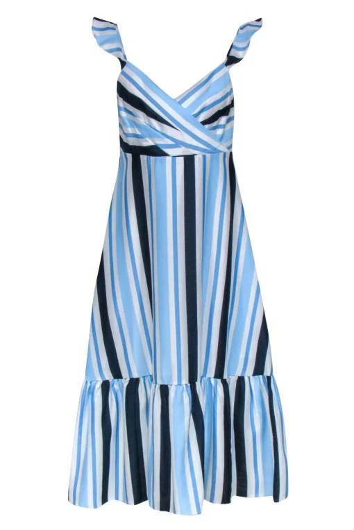 Draper James - White, Blue & Navy Stripe Ruffle Shoulder Dress Sz 4