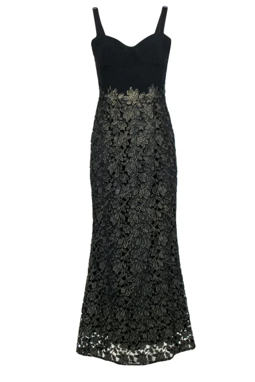 Dress the Population - Black & Gold Lace Bustier Column Gown Sz M