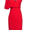 Dress the Population - Red Fitted Midi Dress w/ One Shoulder Ruffle Sz M