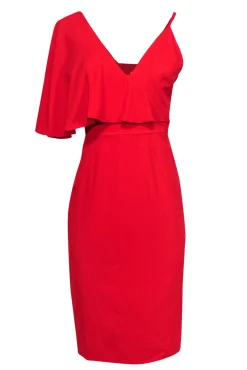 Dress the Population - Red Fitted Midi Dress w/ One Shoulder Ruffle Sz M
