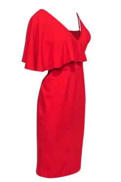 Dress the Population - Red Fitted Midi Dress w/ One Shoulder Ruffle Sz M