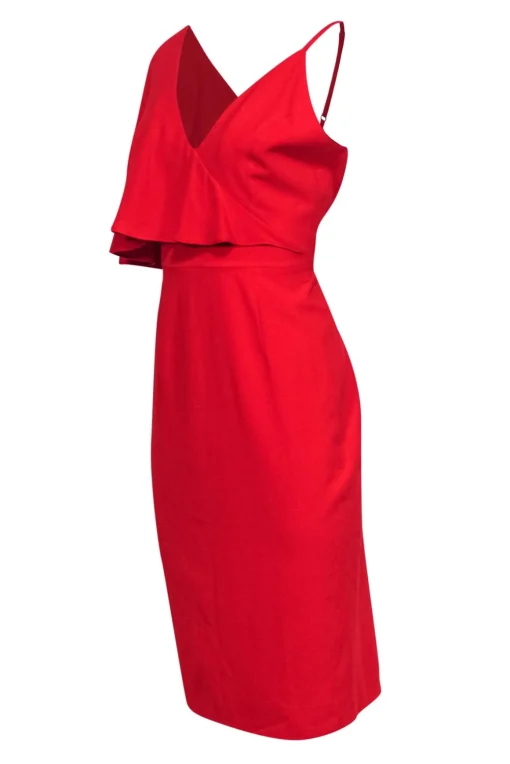 Dress the Population - Red Fitted Midi Dress w/ One Shoulder Ruffle Sz M