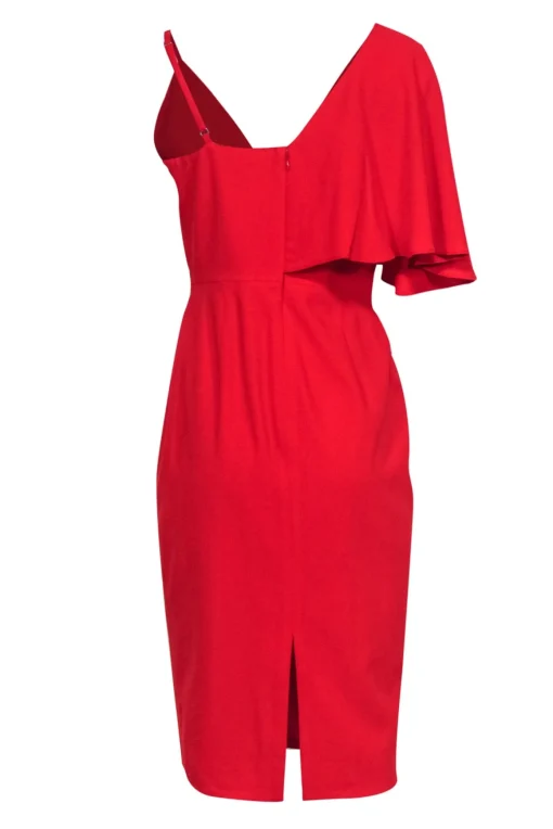 Dress the Population - Red Fitted Midi Dress w/ One Shoulder Ruffle Sz M