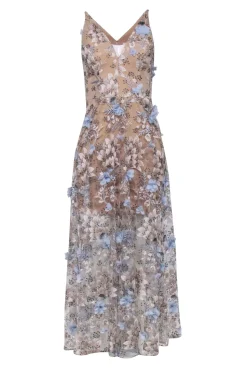 Dress the Population - Tan Sleeveless w/ 3D Flowers 'Sidney Gown' Maxi Dress Sz S