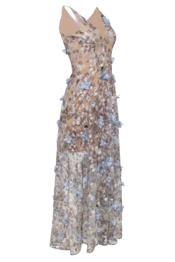 Dress the Population - Tan Sleeveless w/ 3D Flowers 'Sidney Gown' Maxi Dress Sz S