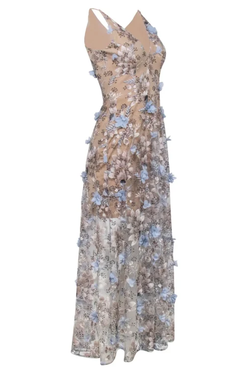 Dress the Population - Tan Sleeveless w/ 3D Flowers 'Sidney Gown' Maxi Dress Sz S