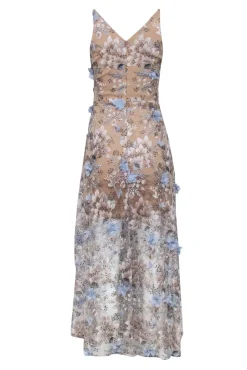 Dress the Population - Tan Sleeveless w/ 3D Flowers 'Sidney Gown' Maxi Dress Sz S