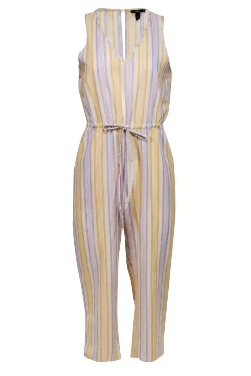 Drew - Yellow, White & Lavender Striped Sleeveless Wide Leg Jumpsuit Sz S