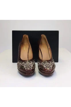 Dries Van Noten - Brown Leather Pumps w/ Silver Beading Sz 9