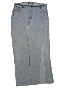 EB Denim - Light Wash Blue Denim Distressed Trim Maxi Skirt Sz S