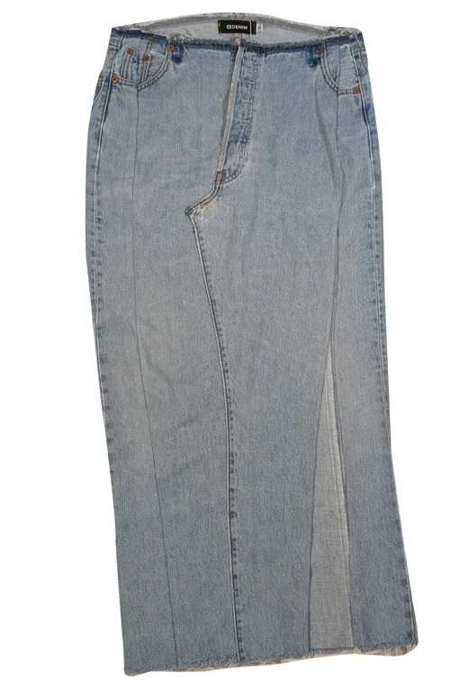 EB Denim - Light Wash Blue Denim Distressed Trim Maxi Skirt Sz S