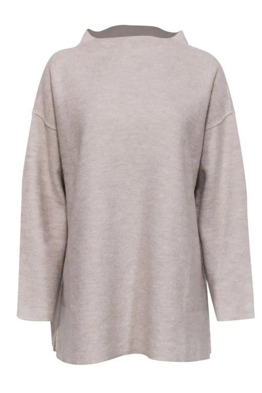 Eileen Fisher - Beige Textured Funnel Neck Wool Sweater Sz L
