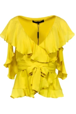 Elie Saab - Yellow Ruffled Cold Shoulder Belted Wrap Blouse Sz 2