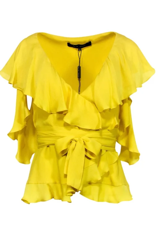 Elie Saab - Yellow Ruffled Cold Shoulder Belted Wrap Blouse Sz 2