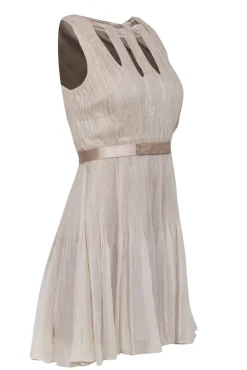Elie Tahari - Beige Accordion Printed Silk A-Line Dress w/ Cutouts Sz 2