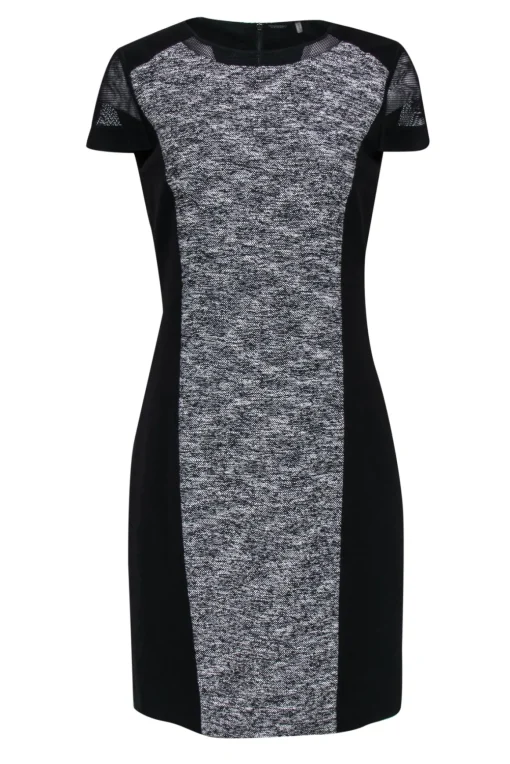 Elie Tahari - Black & White Textured Panel Design w/ Mesh Sleeve Dress Sz 6