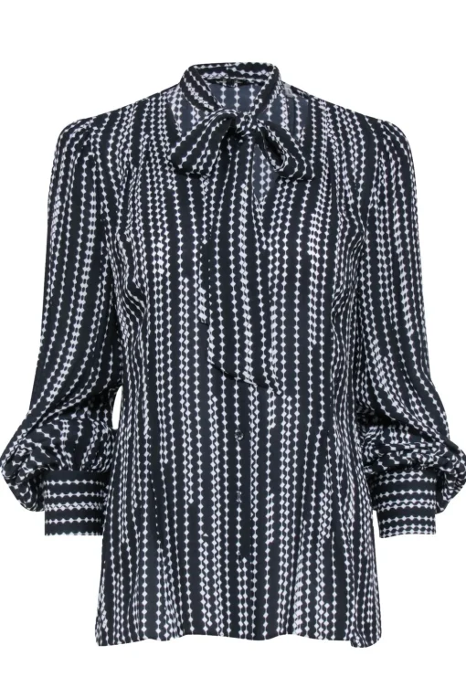Elie Tahari - Black & White Print Blouse w/ Neck Tie Detail Sz M