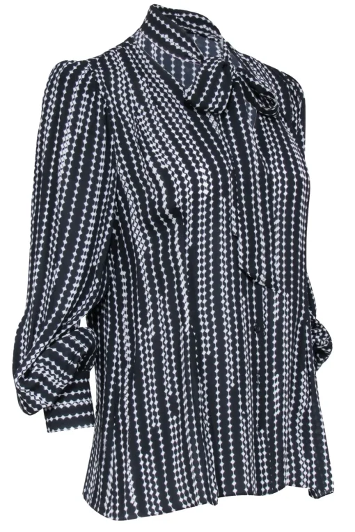 Elie Tahari - Black & White Print Blouse w/ Neck Tie Detail Sz M