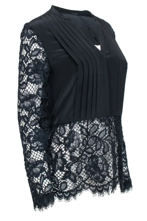Elie Tahari - Black Pleated & Navy Lace Blouse Sz M
