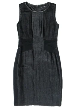 Elie Tahari - Black Shiny Sleeveless Sheath Dress w/ Leather Trim Sz S