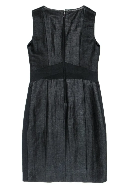 Elie Tahari - Black Shiny Sleeveless Sheath Dress w/ Leather Trim Sz S