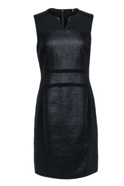 Elie Tahari - Black Textured Woven Blocked Sheath Dress w/ Leather Trim Sz 8