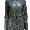 Elie Tahari - Dark Green Faux Leather Button Front Jacket w/ Waist Sash Sz M