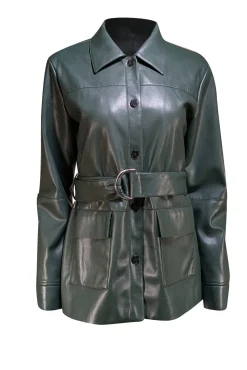 Elie Tahari - Dark Green Faux Leather Button Front Jacket w/ Waist Sash Sz M