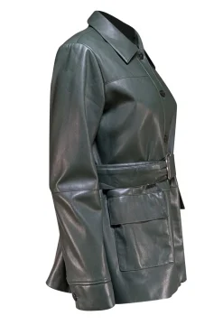Elie Tahari - Dark Green Faux Leather Button Front Jacket w/ Waist Sash Sz M