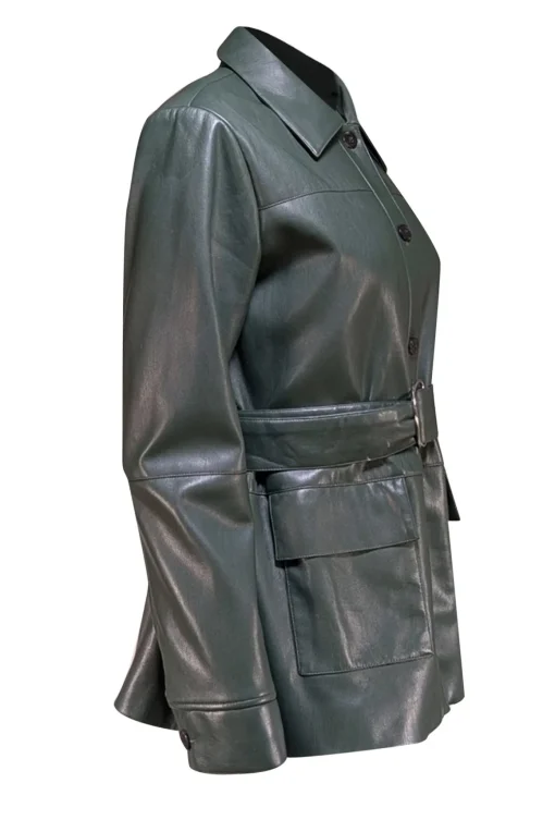Elie Tahari - Dark Green Faux Leather Button Front Jacket w/ Waist Sash Sz M