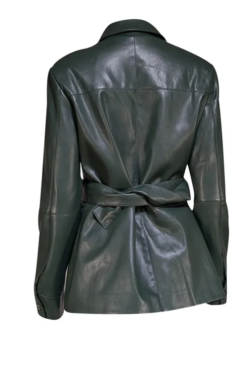 Elie Tahari - Dark Green Faux Leather Button Front Jacket w/ Waist Sash Sz M