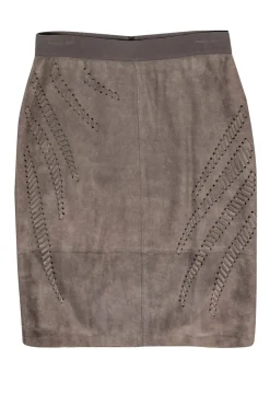 Elie Tahari - Grey Suede Pencil Skirt w/ Stitched Trim Sz M