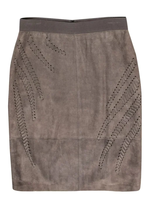 Elie Tahari - Grey Suede Pencil Skirt w/ Stitched Trim Sz M