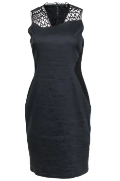 Elie Tahari - Navy Sleeveless Sheath Dress w/ Black Patchwork & Eyelet Trim Sz 8