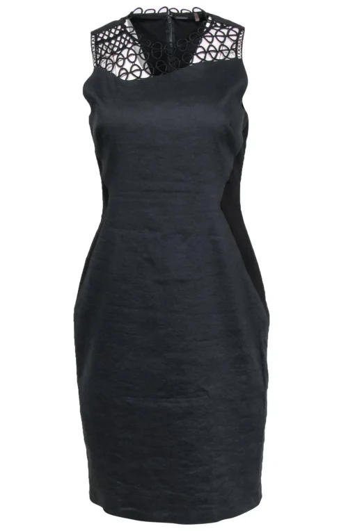 Elie Tahari - Navy Sleeveless Sheath Dress w/ Black Patchwork & Eyelet Trim Sz 8