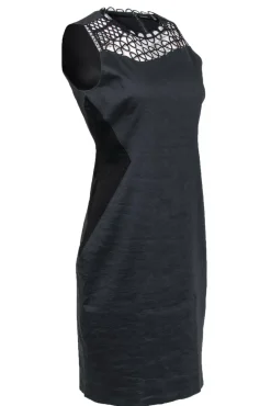 Elie Tahari - Navy Sleeveless Sheath Dress w/ Black Patchwork & Eyelet Trim Sz 8