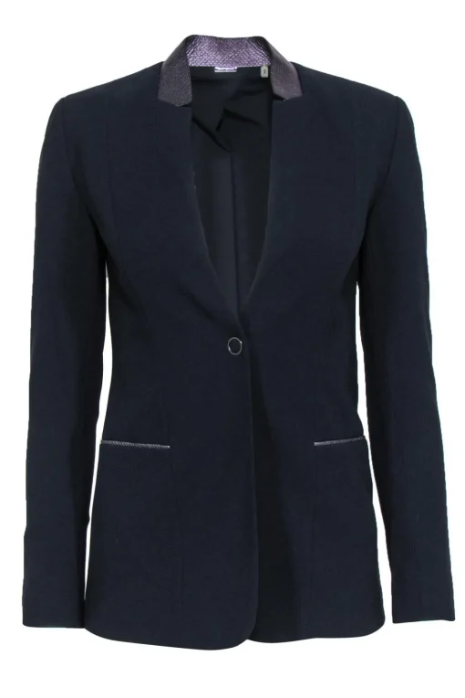 Elie Tahari - Navy Slim Blazer w/ Embossed Leather Collar Sz 0