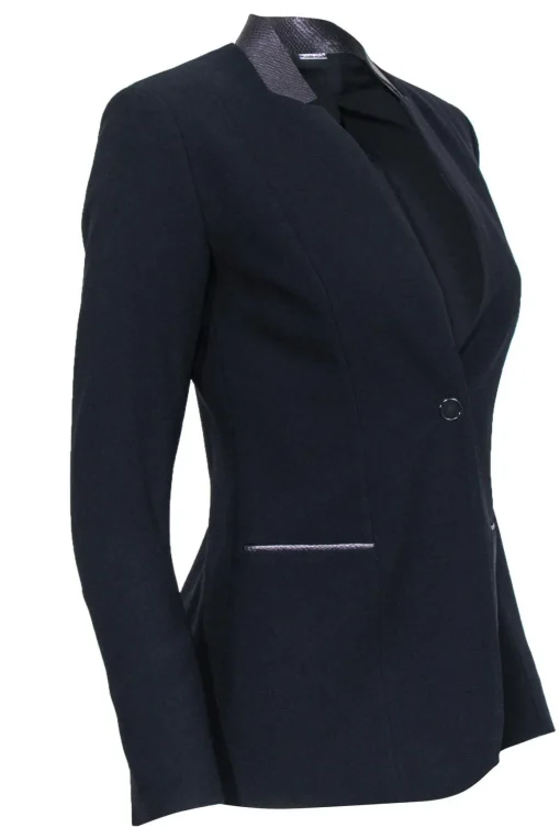 Elie Tahari - Navy Slim Blazer w/ Embossed Leather Collar Sz 0