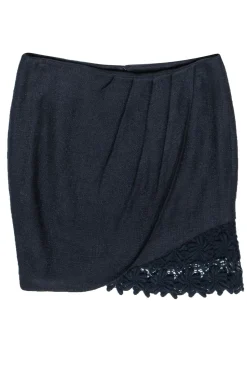 Elie Tahari - Navy Tweed Draped Skirt w/ Floral Lace Trim Sz 6