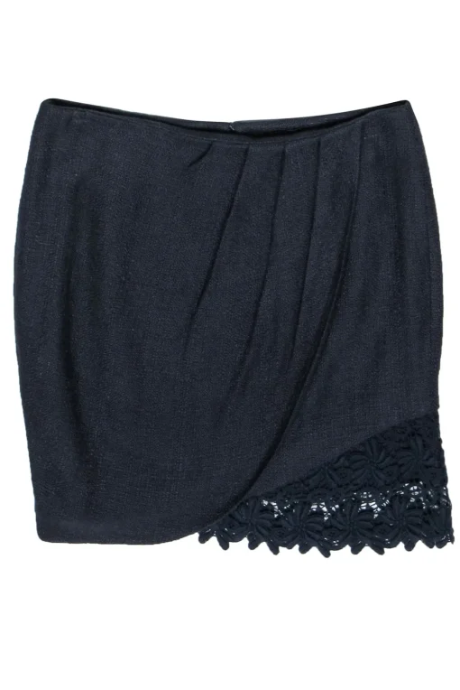 Elie Tahari - Navy Tweed Draped Skirt w/ Floral Lace Trim Sz 6