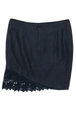 Elie Tahari - Navy Tweed Draped Skirt w/ Floral Lace Trim Sz 6