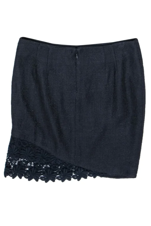 Elie Tahari - Navy Tweed Draped Skirt w/ Floral Lace Trim Sz 6